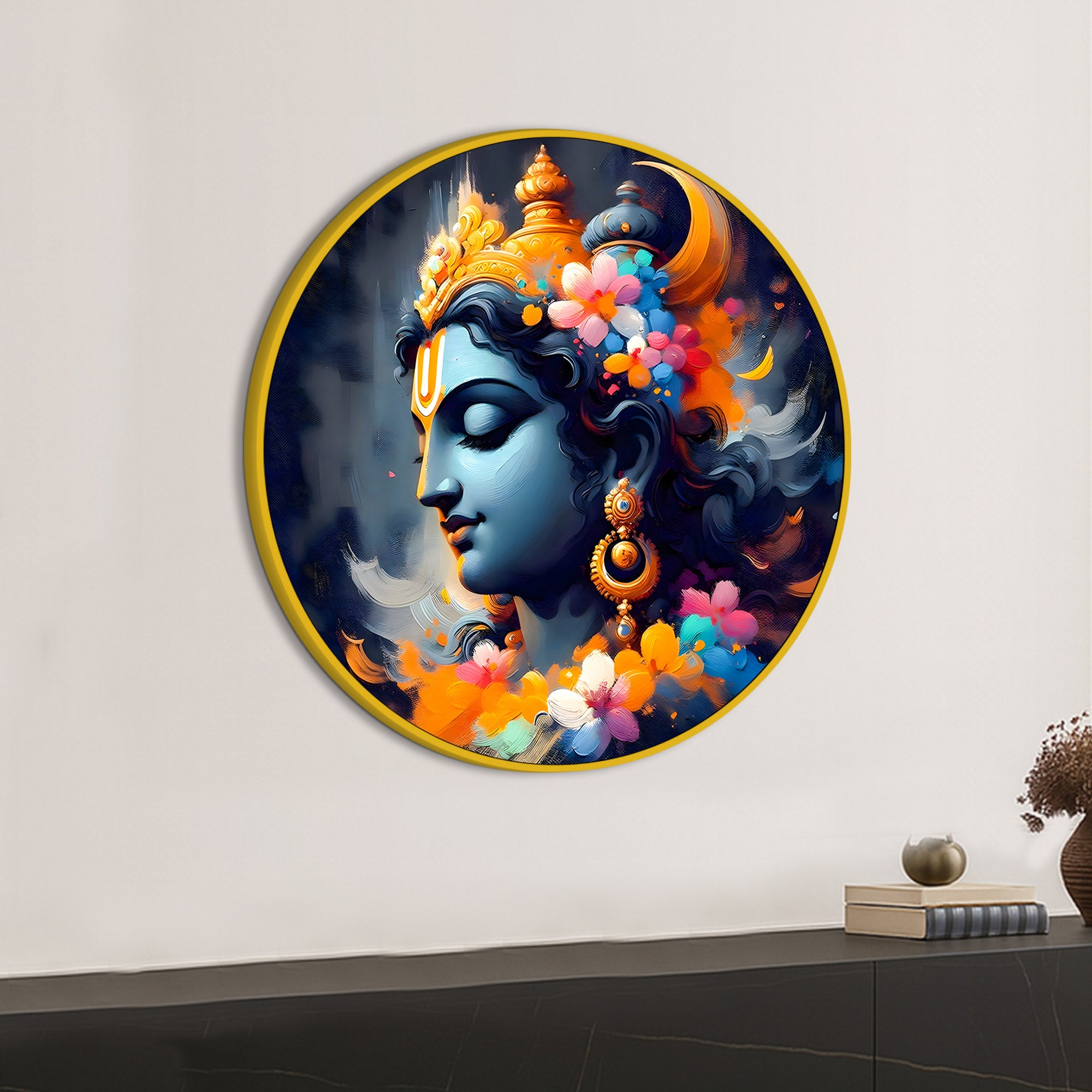 Artistic Lord Krishna Round Frame Painting