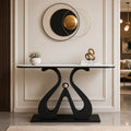 Artistic Marble Console Table with Black Sculptural Base and Silver Ball