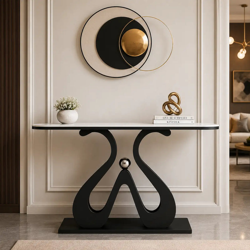 Artistic Marble Console Table with Black Sculptural Base and Silver Ball