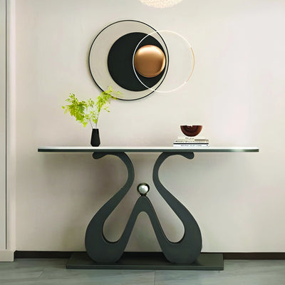 Artistic Marble Console Table with Black Sculptural Base and Silver Ball