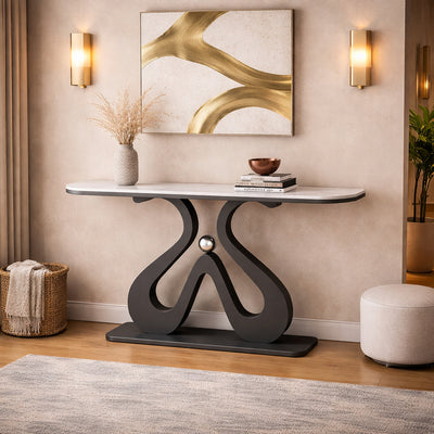 Artistic Marble Console Table with Black Sculptural Base and Silver Ball