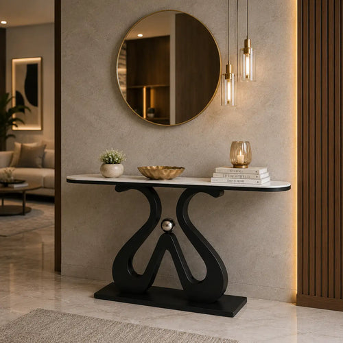 Artistic Marble Console Table with Black Sculptural Base and Silver Ball