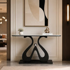 Artistic Marble Console Table with Black Sculptural Base and Silver Ball