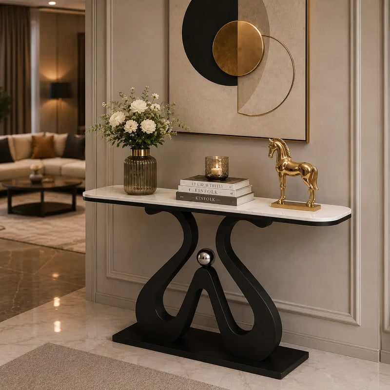 Artistic Marble Console Table with Black Sculptural Base and Silver Ball