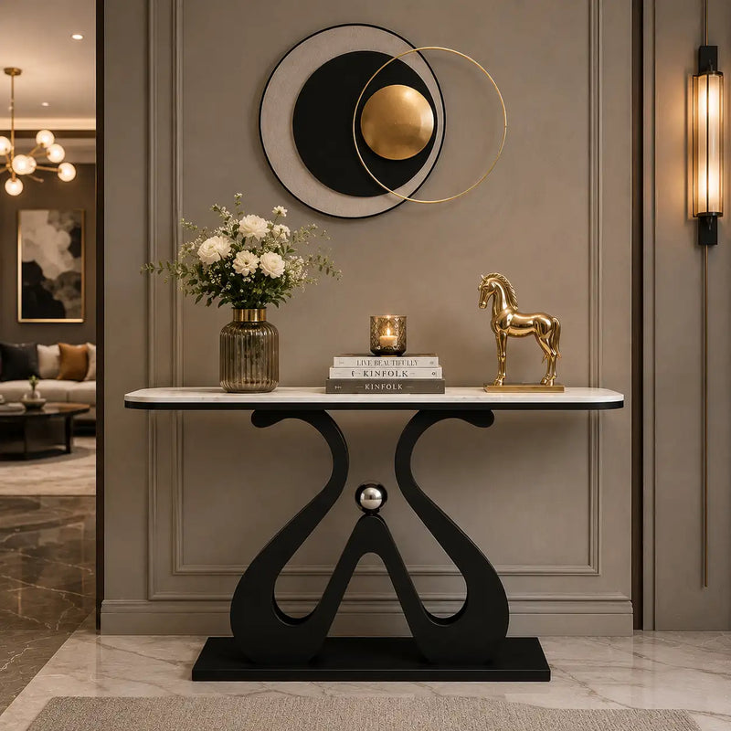 Artistic Marble Console Table with Black Sculptural Base and Silver Ball