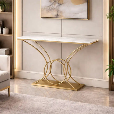 Artistic Marble Console Table with Gold Circular and Curved Frame