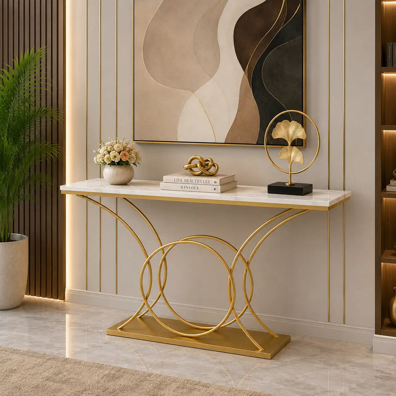 Artistic Marble Console Table with Gold Circular and Curved Frame