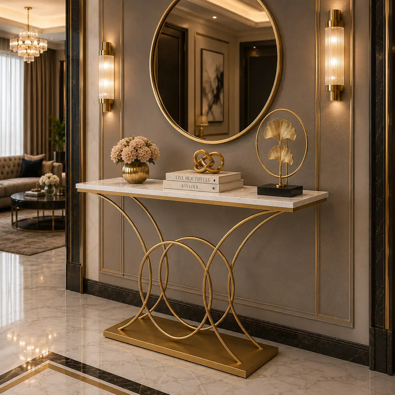 Artistic Marble Console Table with Gold Circular and Curved Frame