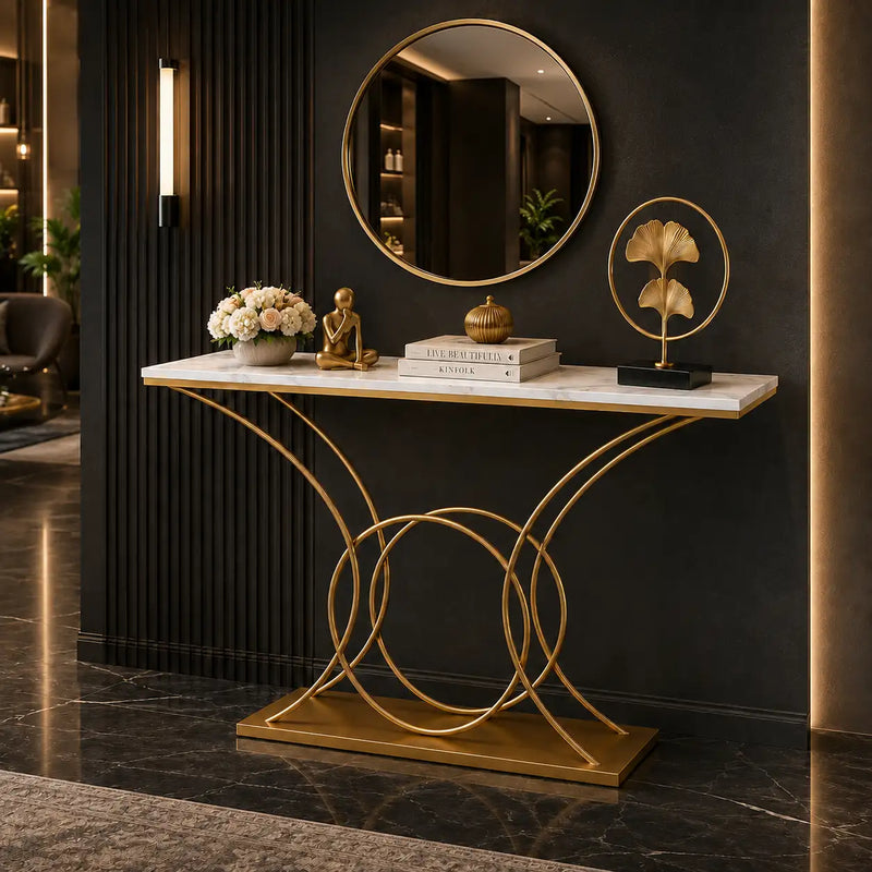 Artistic Marble Console Table with Gold Circular and Curved Frame