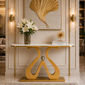 Artistic Marble Console Table with Golden Sculptural Base and Silver Ball