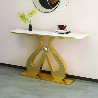 Artistic Marble Console Table with Golden Sculptural Base and Silver Ball