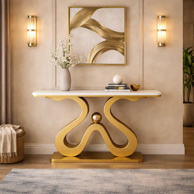 Artistic Marble Console Table with Golden Sculptural Base and Silver Ball