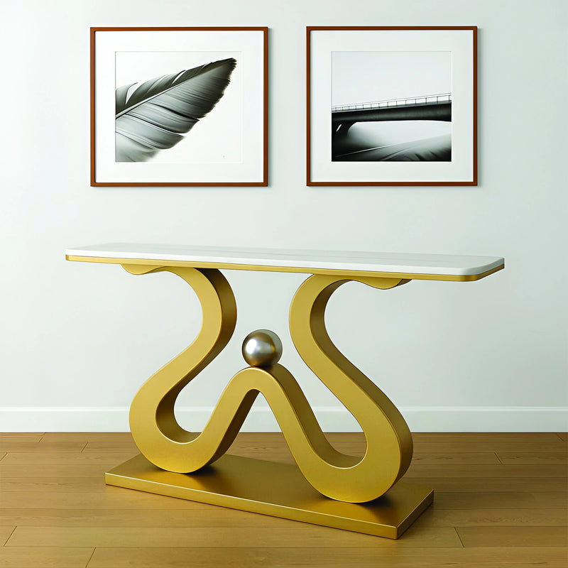 Artistic Marble Console Table with Golden Sculptural Base and Silver Ball