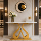 Artistic Marble Console Table with Golden Sculptural Base and Silver Ball