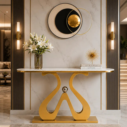 Artistic Marble Console Table with Golden Sculptural Base and Silver Ball