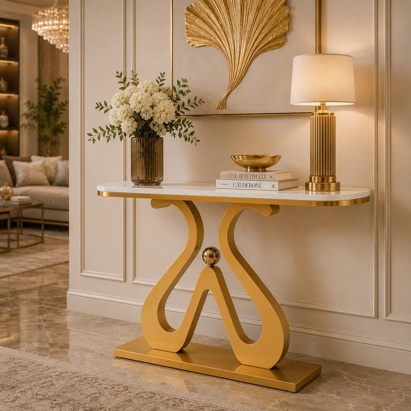 Artistic Marble Console Table with Golden Sculptural Base and Silver Ball