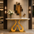 Artistic Marble Console Table with Golden Sculptural Base and Silver Ball