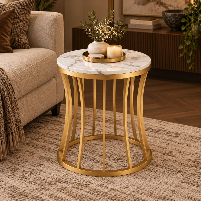 Artistic Marble Finish Side Table with Curved Base for Living Room, Bedroom, Sofa Side & Lounge Decor
