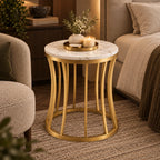 Artistic Marble Finish Side Table with Curved Base for Living Room, Bedroom, Sofa Side & Lounge Decor