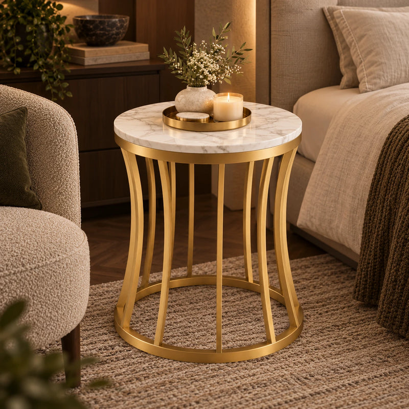 Artistic Marble Finish Side Table with Curved Base for Living Room, Bedroom, Sofa Side & Lounge Decor