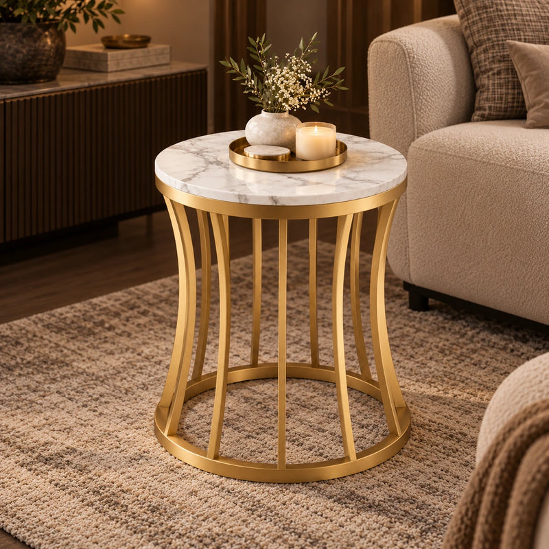Artistic Marble Finish Side Table with Curved Base for Living Room, Bedroom, Sofa Side & Lounge Decor