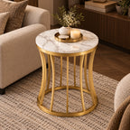 Artistic Marble Finish Side Table with Curved Base for Living Room, Bedroom, Sofa Side & Lounge Decor