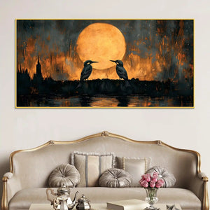 Artistic Moon Birds Canvas Wall Art Abstract Painting for Modern Decor