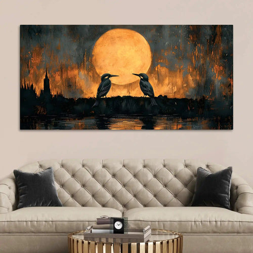 Artistic Moon Birds Canvas Wall Art Abstract Painting for Modern Decor