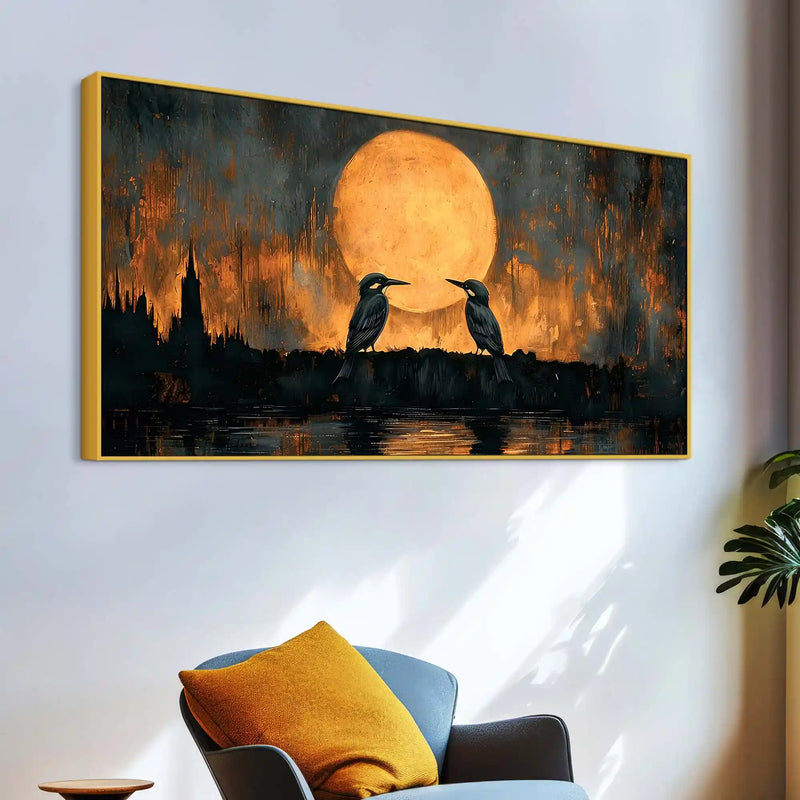 Artistic Moon Birds Canvas Wall Art Abstract Painting for Modern Decor