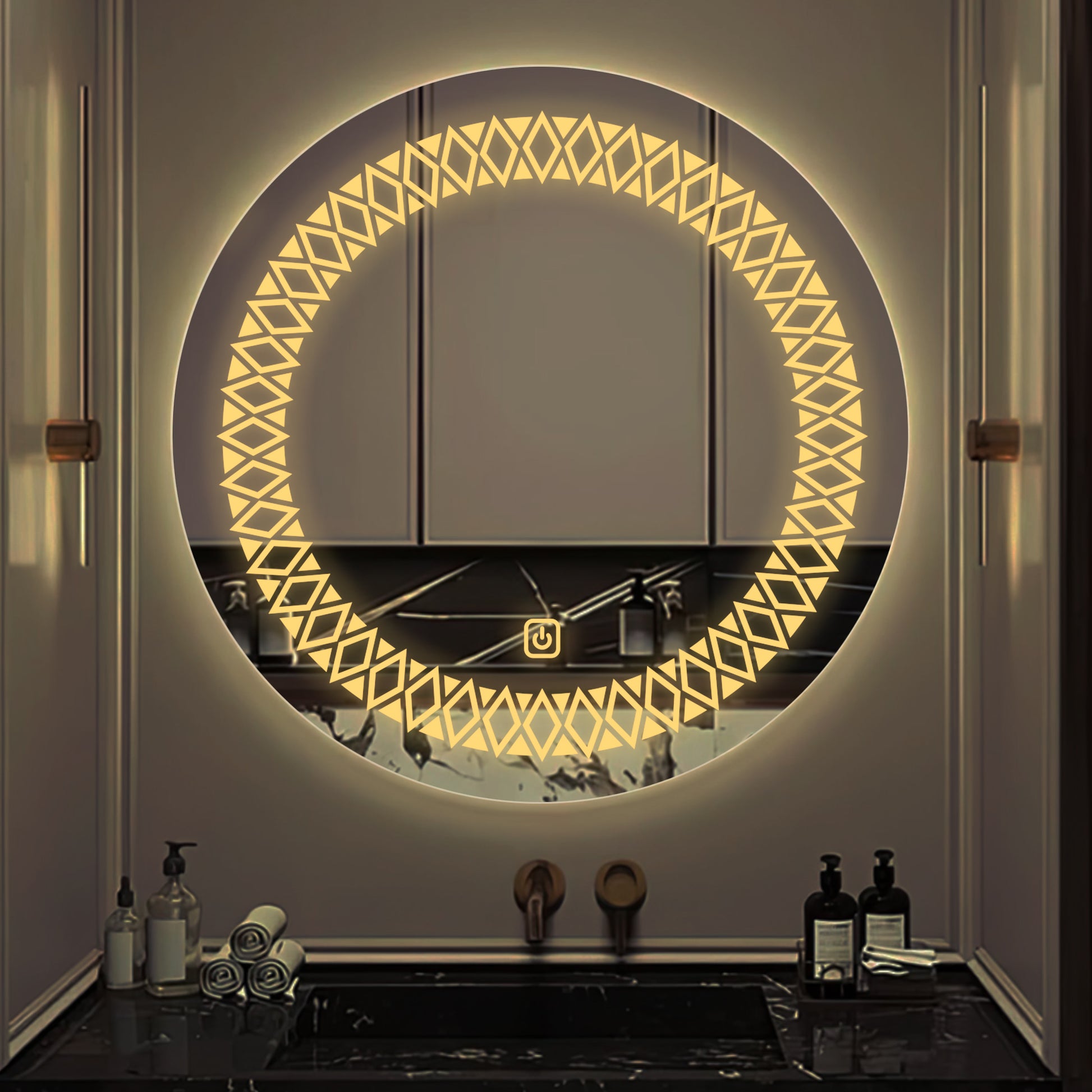 Artistic Pattern Design Art LED Rounded Shape Bathroom Wall Mirror