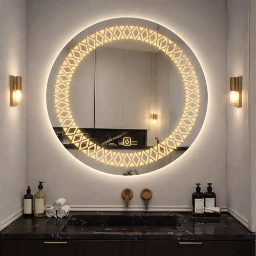 Artistic Pattern Design Art LED Rounded Shape Bathroom Wall Mirror