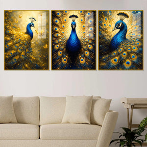 Artistic Peacock Floating Acrylic Wall Painting Set of 3