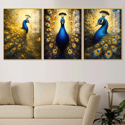 Artistic Peacock Floating Acrylic Wall Painting Set of 3