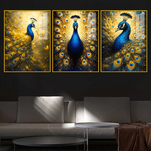 Artistic Peacock Floating Acrylic Wall Painting Set of 3