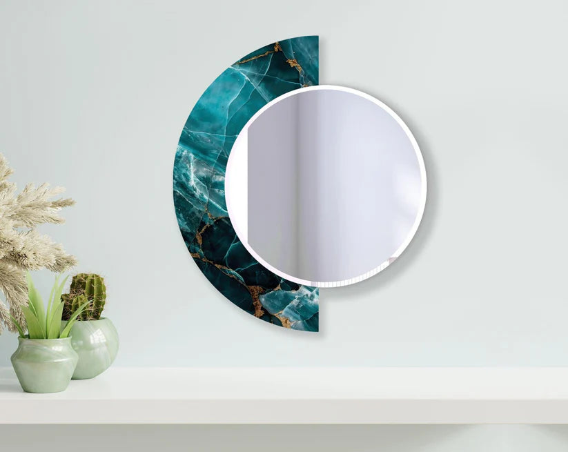 Artistic Round Acrylic Wall Mirror with Teal Stone Design