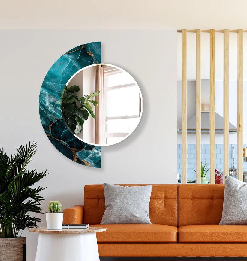 Artistic Round Acrylic Wall Mirror with Teal Stone Design