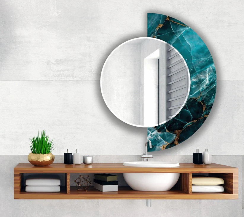 Artistic Round Acrylic Wall Mirror with Teal Stone Design