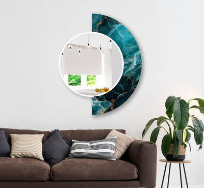 Artistic Round Acrylic Wall Mirror with Teal Stone Design