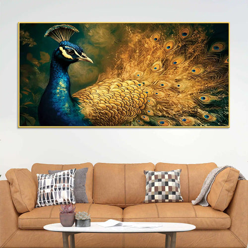 artistic-royal-blue-peacock-with-golden-feathers-canvas-wall-painting
