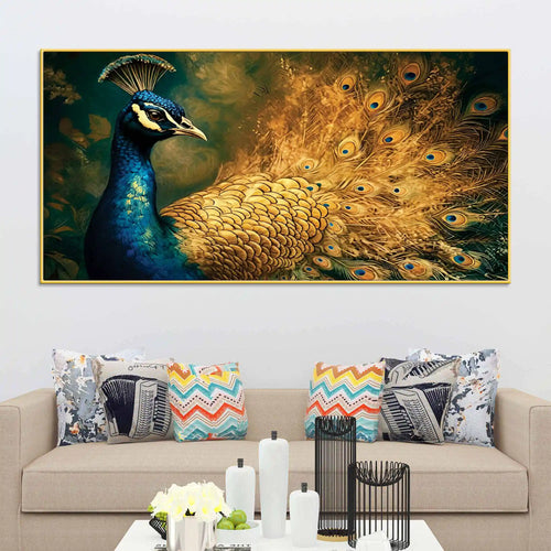 Artistic Royal Blue Peacock with Golden Feathers Canvas Wall Painting