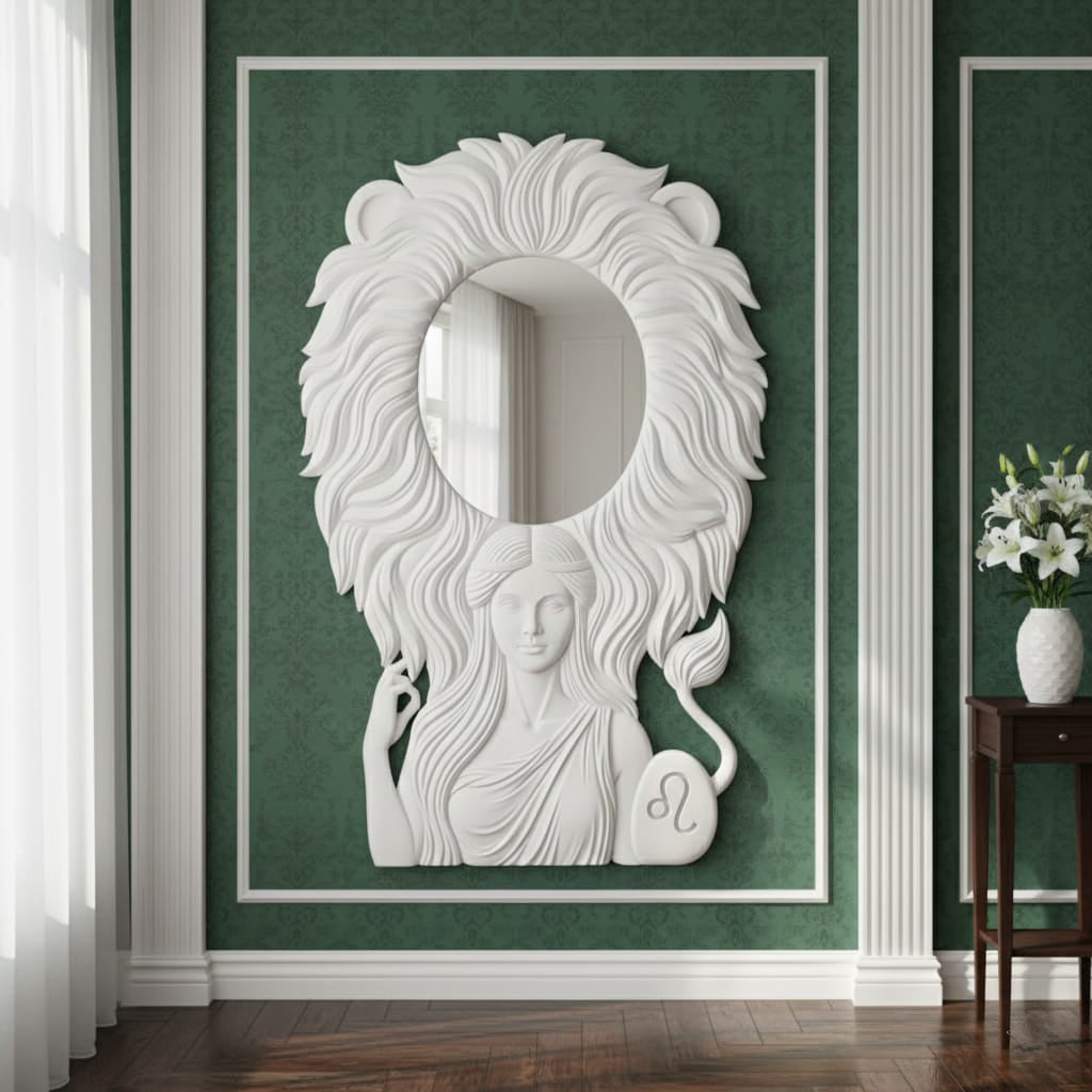Artistic Sculptural 3D Wall Mirror with Female Figure & Lion Mane Design – Creative Art Wall Mirror for Home & Office