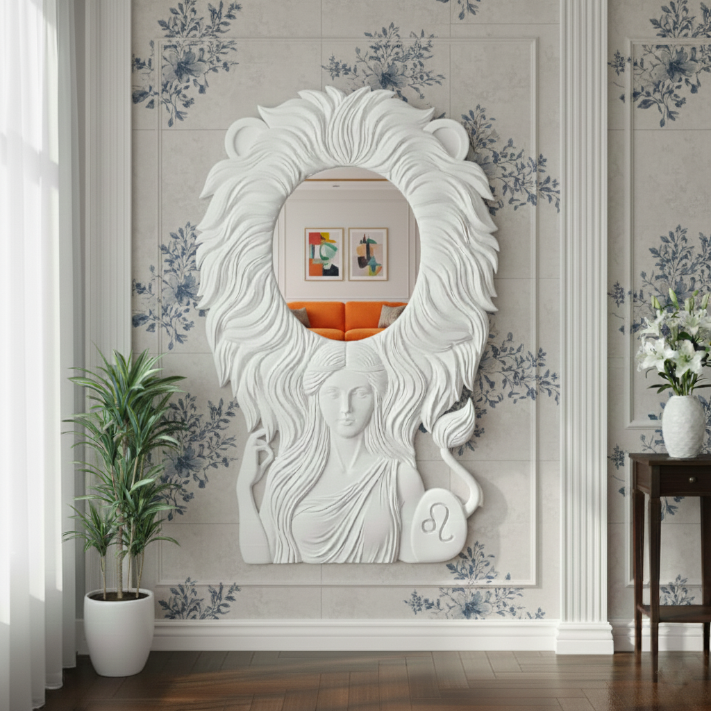 Artistic Sculptural 3D Wall Mirror with Female Figure & Lion Mane Design – Creative Art Wall Mirror for Home & Office
