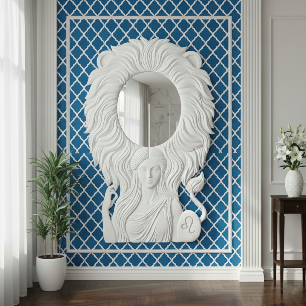 Artistic Sculptural 3D Wall Mirror with Female Figure & Lion Mane Design – Creative Art Wall Mirror for Home & Office