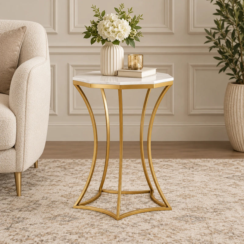 Artistic Side Table with White Marble Top for Guest Room, Office Cabin & Premium Home Decor
