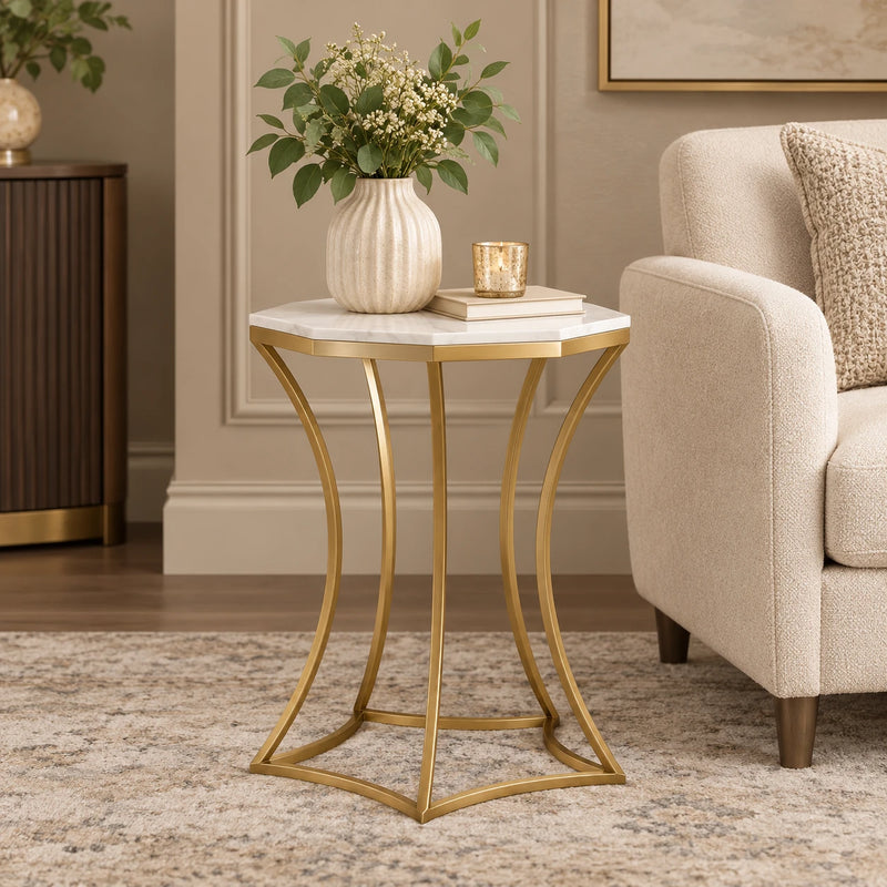 Artistic Side Table with White Marble Top for Guest Room, Office Cabin & Premium Home Decor