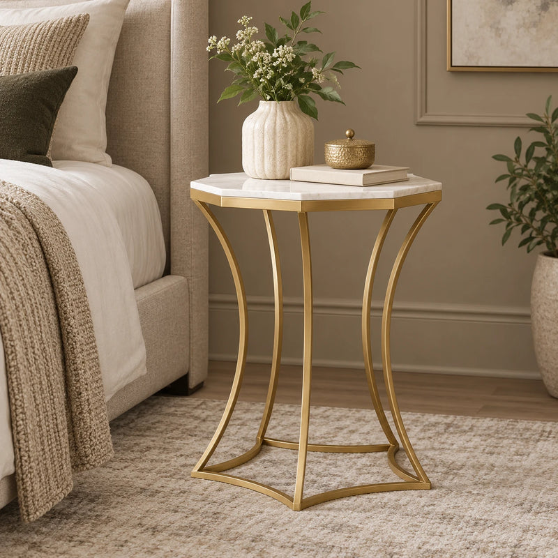 Artistic Side Table with White Marble Top for Guest Room, Office Cabin & Premium Home Decor