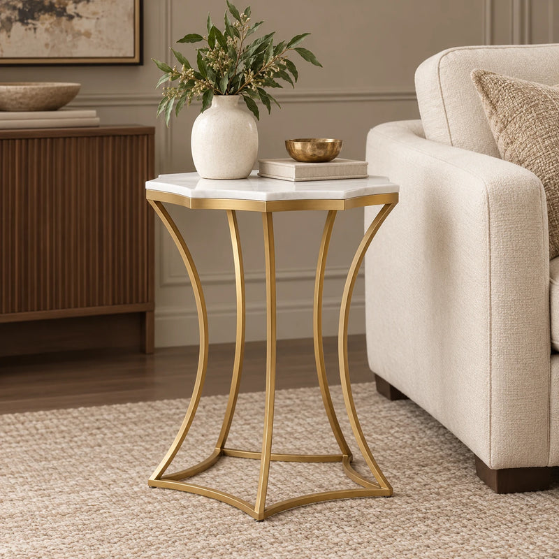 Artistic Side Table with White Marble Top for Guest Room, Office Cabin & Premium Home Decor