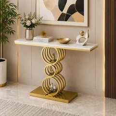Artistic Triple Ring Gold Base Marble Console Table