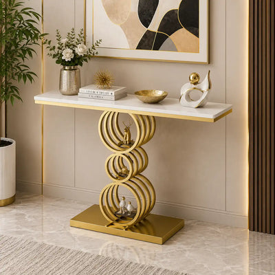 Artistic Triple Ring Gold Base Marble Console Table