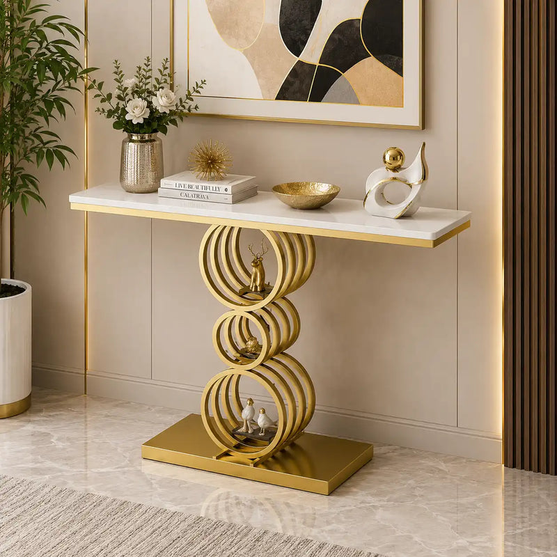 Artistic Triple Ring Gold Base Marble Console Table